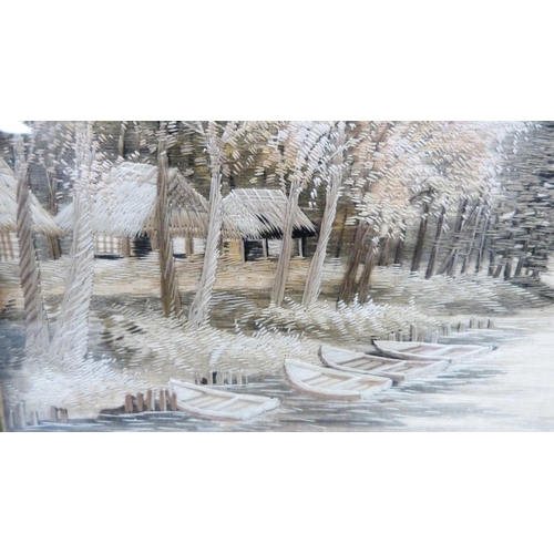 309 - Japanese Yuzen-style embroidered silk picture of a watery landscape, 21cm x 28cm, framed and glazed.