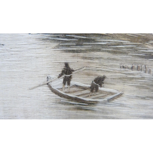 309 - Japanese Yuzen-style embroidered silk picture of a watery landscape, 21cm x 28cm, framed and glazed.