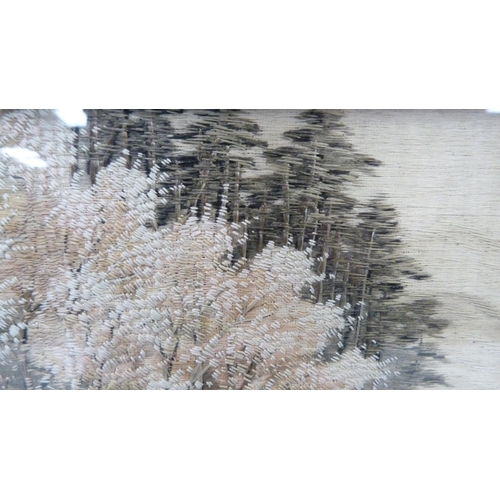 309 - Japanese Yuzen-style embroidered silk picture of a watery landscape, 21cm x 28cm, framed and glazed.