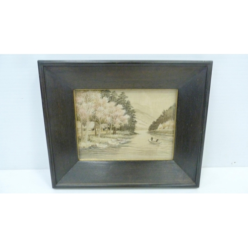 309 - Japanese Yuzen-style embroidered silk picture of a watery landscape, 21cm x 28cm, framed and glazed.