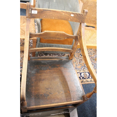 582 - Antique bar back open armchair with panelled seat.