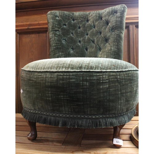 589 - Antique button back mahogany bedroom chair upholstered in green.