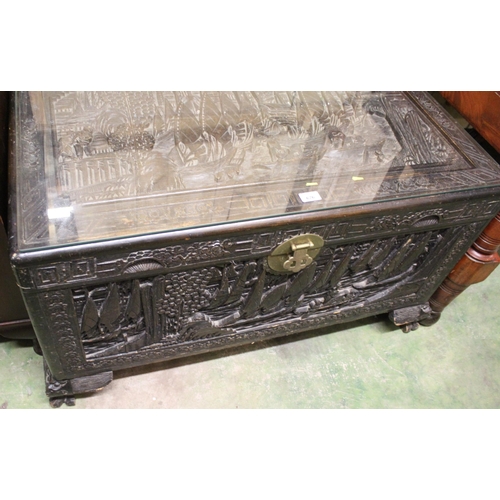 676 - Heavily carved oriental inspired blanket box