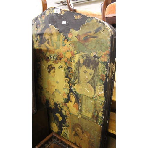 693 - Folding three section screen with Victorian decoupage scrap decoration.