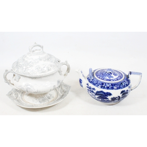 69 - Victorian Staffordshire tureen with cover and stand, and a  Copeland Spode Blue Italian over-sized t... 