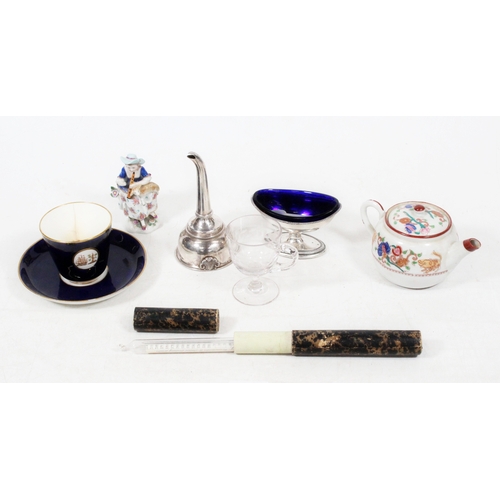 74 - Silver-plated wine funnel, a silver-plated salt cellar, an oriental teapot, etc.