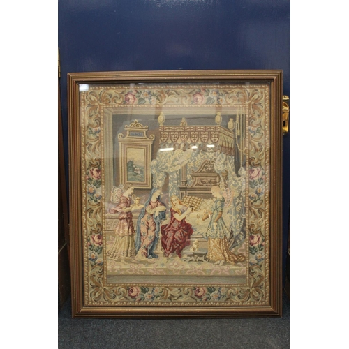 322 - Continental needlework and woolwork tapestry, late 19th century, depicting a maiden within bedchambe... 