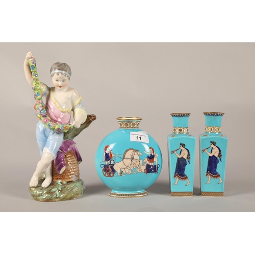 11 - Set of three Tuscan China classical Grecian style turquoise ground vases with a Copeland Spode conti... 