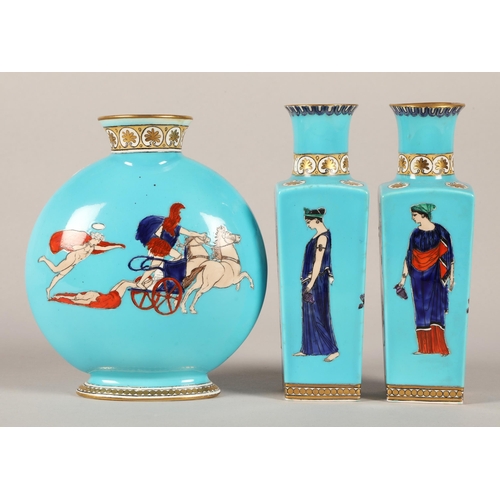 11 - Set of three classical Grecian style turquoise ground vases and Copeland Spode continental figurine ... 