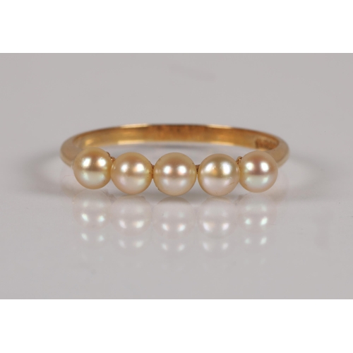 56 - 18ct gold ring set with five small pearls, ring size N, 1.7g