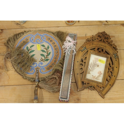 123 - Mid-20th century beadwork fan, another fan and a treen horseshoe shaped photo frame.