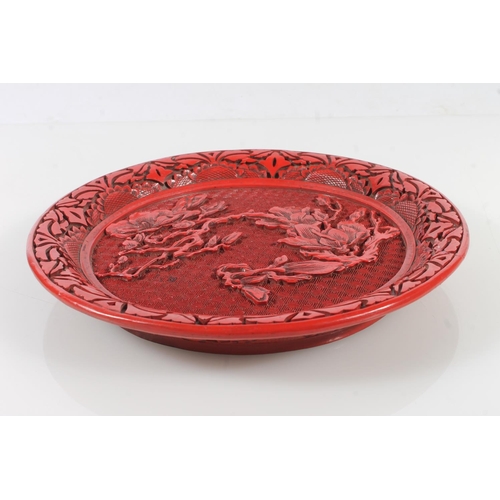 223 - Cinnabar style Chinese lacquered plate, 24cm.