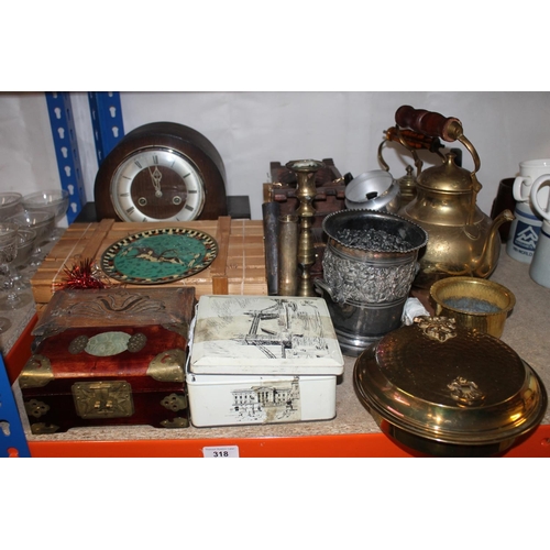 318 - Brassware, mantel clock, jewellery box, copper bed warming pan.