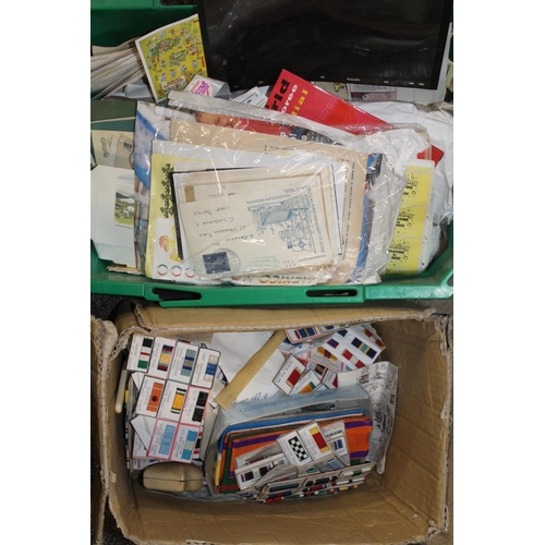 321 - Two boxes containing medal ribbon bars, scouting stickers, postcards, etc.