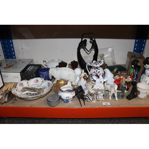 350 - Shelf containing decorative ceramics to include animal models, ginger jar and cover, flatware, etc.