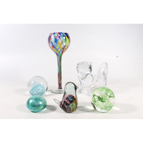 77 - Studio Art Glass vase of goblet form, a glass squirrel nut dish, three glass paperweights, and a Mdi... 