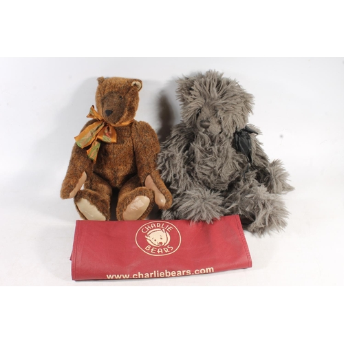 84 - Charlie Bear Merlin grey teddy bear with dust bag, and a Canterbury traditional style teddy bear.