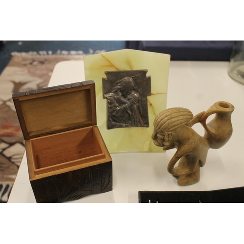 98 - Brass letter holder, a mathematician's compass set, a green onyx and silver-plated religious plaque,... 