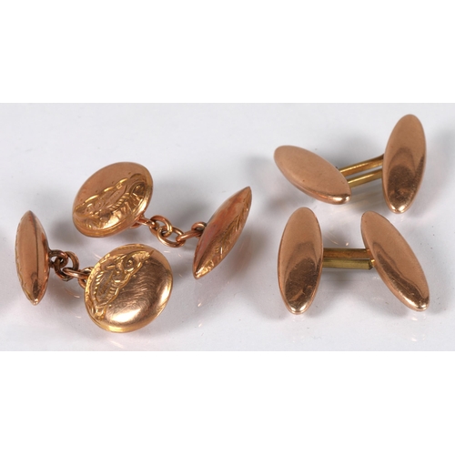 50 - 9ct gold cufflinks with engraved design 3.3g, and another pair yellow metal