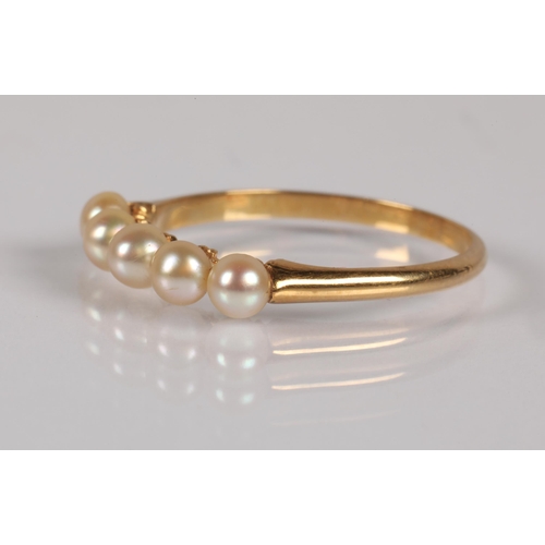 56 - 18ct gold ring set with five small pearls, ring size N, 1.7g