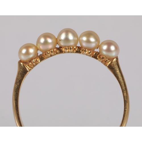 56 - 18ct gold ring set with five small pearls, ring size N, 1.7g