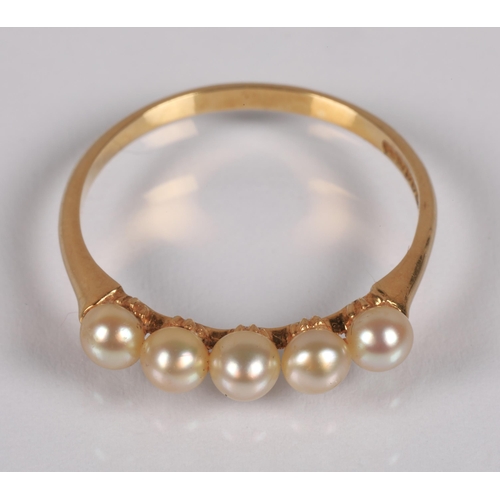 56 - 18ct gold ring set with five small pearls, ring size N, 1.7g