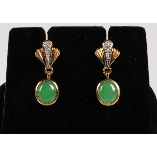 61 - Pair of 9K gold drop earrings set with diamond chips and jade green coloured gemstones, gross weight... 