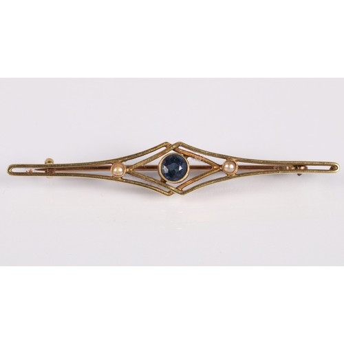 68 - Edwardian style 15ct gold bar brooch set with a sapphire  and two seed pearls, another similar unmar... 