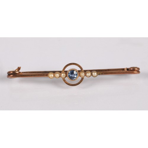 68 - Edwardian style 15ct gold bar brooch set with a sapphire  and two seed pearls, another similar unmar... 