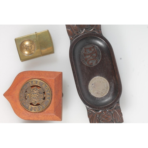 393 - WWI Princess Mary tobacco tin, two trench art lighters and a paperknife, a Royal Scots shield plaque... 