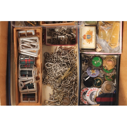 394 - Tray of military and other badges, vesta cases, chains, etc.