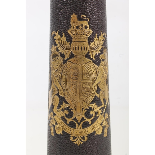 396K - Antique leather clad three draw telescope, the leather tooled and gilded with the British coat of ar... 