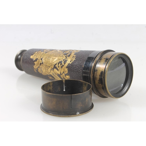 396K - Antique leather clad three draw telescope, the leather tooled and gilded with the British coat of ar... 