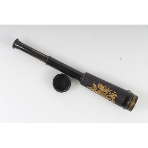 396K - Antique leather clad three draw telescope, the leather tooled and gilded with the British coat of ar... 