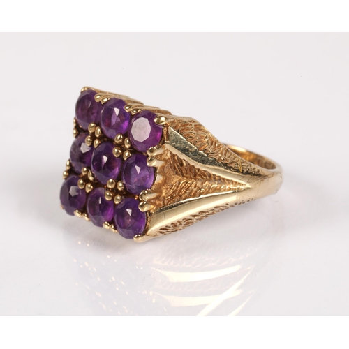 70 - 9ct gold dress ring set with a square cluster of nine amethyst gemstones, ring size J/K, 5.6g