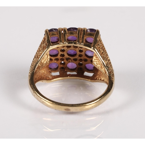 70 - 9ct gold dress ring set with a square cluster of nine amethyst gemstones, ring size J/K, 5.6g