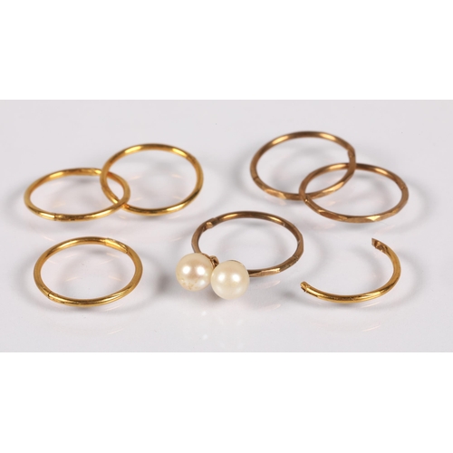 72 - Two pairs of yellow metal hoop earrings, another two one with pearl attachments, and a broken piece