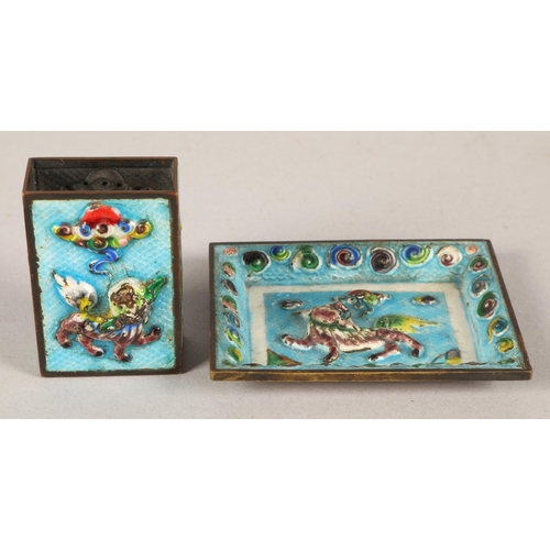 232 - Three piece Chinese enamel smokers set, to include cigarette box, match box cover, and ashtray