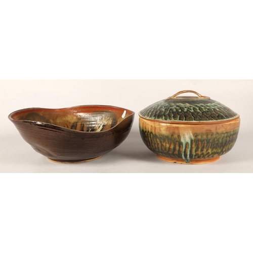 272 - Two studio ceramic pieces to include lidded dish and bowl with peacock style glaze