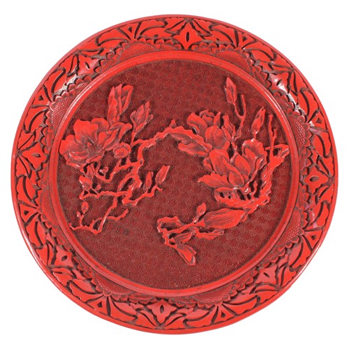 Cinnabar style Chinese lacquered plate, 24cm.