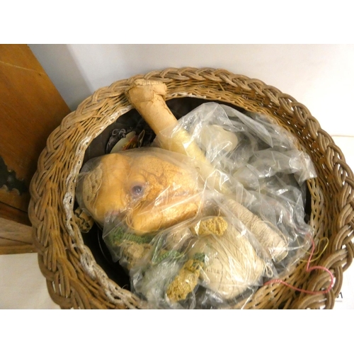 296 - Small oak cupboard and wicker sewing basket.