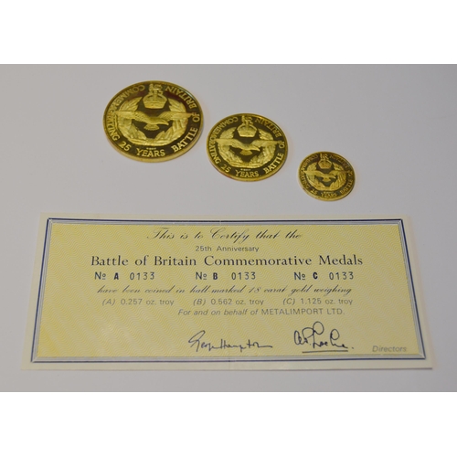 118 - Set of three 18ct gold medallions of graduated sizes, Battle of Britain 25th Anniversary, with certi... 
