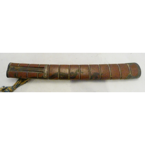 312 - Japanese tanto short sword, possibly Meiji period, unsigned tang, braided rayskin grip, gilt tsuba, ... 