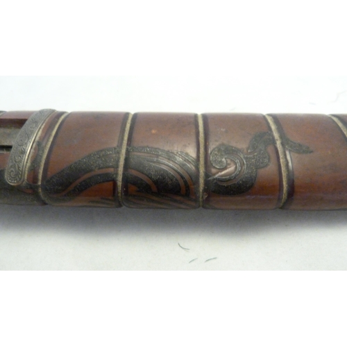 312 - Japanese tanto short sword, possibly Meiji period, unsigned tang, braided rayskin grip, gilt tsuba, ... 