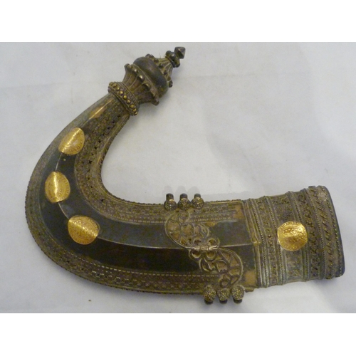 329 - Arabic Jambiya dagger, with bone hilt bearing yellow metal appliques and ruby-coloured jewelled ston... 