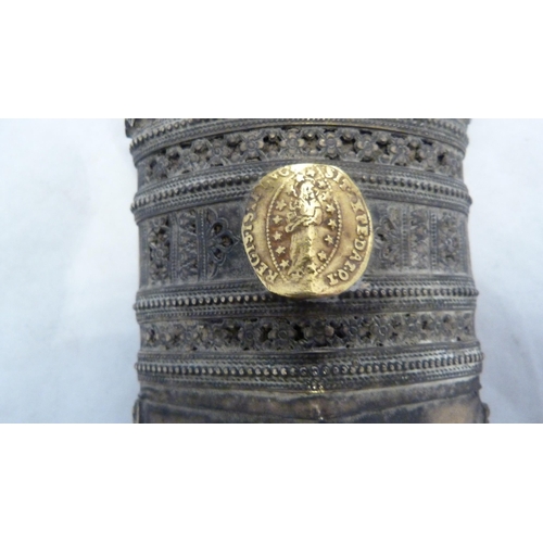 329 - Arabic Jambiya dagger, with bone hilt bearing yellow metal appliques and ruby-coloured jewelled ston... 