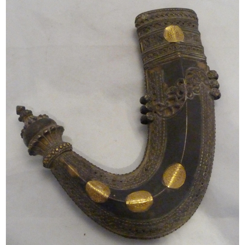329 - Arabic Jambiya dagger, with bone hilt bearing yellow metal appliques and ruby-coloured jewelled ston... 
