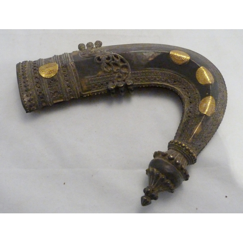 329 - Arabic Jambiya dagger, with bone hilt bearing yellow metal appliques and ruby-coloured jewelled ston... 