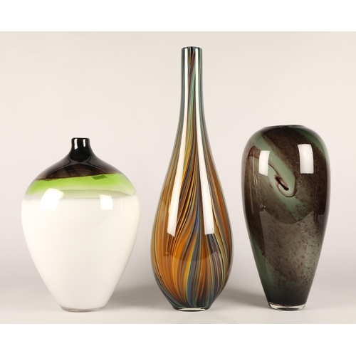 382 - Three assorted glass vases, to include green marble effect, rainbow stripe and lime green stem vase ... 