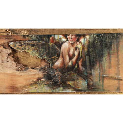 470 - Abstract oil on wooden board of a kneeling female, 24cms x 80cms